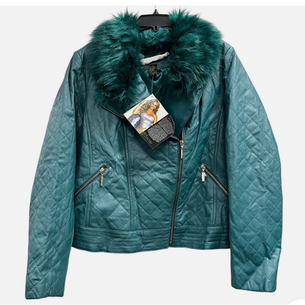 Women's Teal Faux Fur Collar Jacket